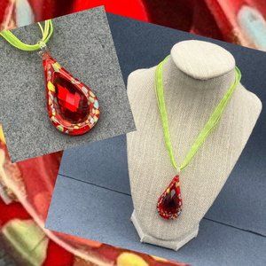 Glass Pendant Necklace Silver Puffy Teardrop Green Ribbon Red Rhinestone Blue